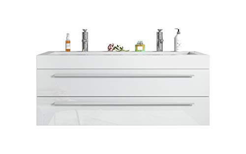 Badezimmer Badmöbel Set Rome 125 cm Doppelwaschtisch Hochglanz Weiß - Unterschrank Schrank Waschbecken Waschtisch
