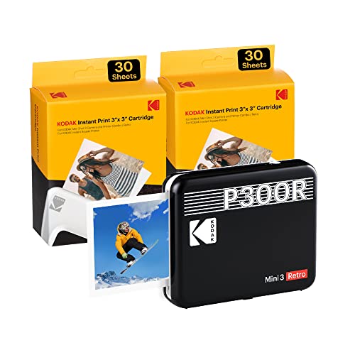 Kodak P300 Mini 3 Retro, Mobiler Handy Fotodrucker, Kompatibel mit Smartphone (iOS &amp; Android), Bluetooth, 76x76 mm, 4Pass-Technologie, Laminierung, 68 Blatt, Schwarz