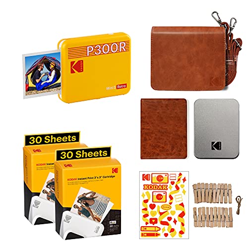 Kodak P300 Mini 3 Retro, Mobiler Handy Fotodrucker, Kompatibel mit Smartphone (iOS &amp; Android), Bluetooth, 76x76 mm, 4Pass-Technologie, Laminierung, Zubehör-Bundel, 68 Blatt, Gelb