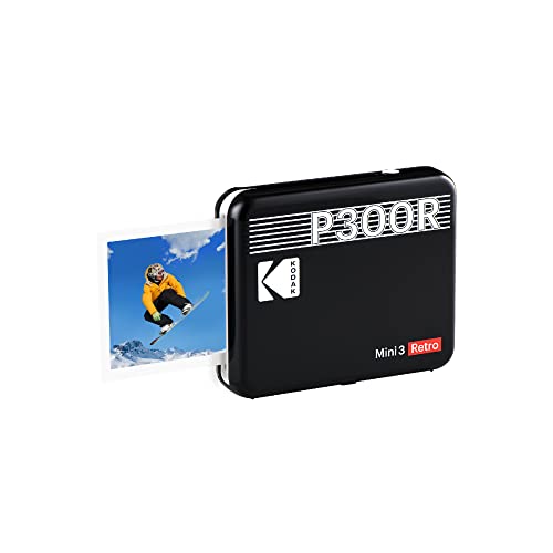 Kodak P300 Mini 3 Retro, Mobiler Handy Fotodrucker, Kompatibel mit Smartphone (iOS &amp; Android), Bluetooth, 76x76 mm, 4Pass-Technologie, Laminierung, 8 Blatt, Schwarz