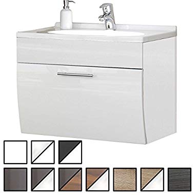 e-combuy Möbel Waschtisch Set Wendum Weiß (Breite 70 cm, für Gäste-WC, Form recht-eckig, hängend, unten abgerundet, 1 Schublade breit)