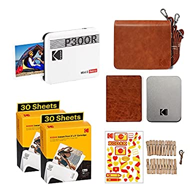 Kodak P300 Mini 3 Retro, Mobiler Handy Fotodrucker, Kompatibel mit Smartphone (iOS & Android), Bluetooth, 76x76 mm, 4Pass-Technologie, Laminierung, Zubehör-Bundel, 68 Blatt, Weiß