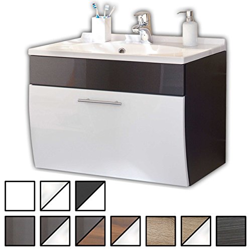 Waschtisch Set Varel Anthrazit, Weiß (Breite 70 cm, für Gäste-WC, Form recht-eckig, hängend, unten abgerundet, 1 Schublade breit, hochglanz)