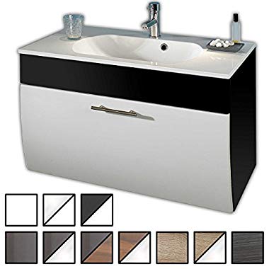 Waschtisch Set Zettel Anthrazit, weiß (Breite 90 cm, für Gäste-WC, Form recht-eckig, hängend, unten abgerundet, 1 Schublade breit, hochglanz)